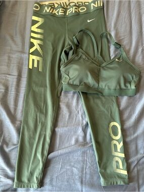 Nike sage  Green Sports Bra and Leggings Set top is large bottom is medium.